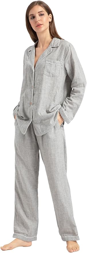 Womens Pajama Sets 100% Double Gauze Cotton Linen Like Muslin Pajamas Long Sleeve Button Down Sleepwear Soft Pjs Lounge Set