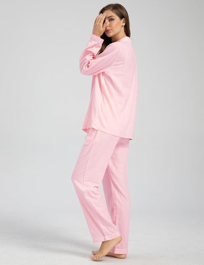 Womens Pajama Sets 100% Double Gauze Cotton Linen Like Muslin Pajamas Long Sleeve Button Down Sleepwear Soft Pjs Lounge Set