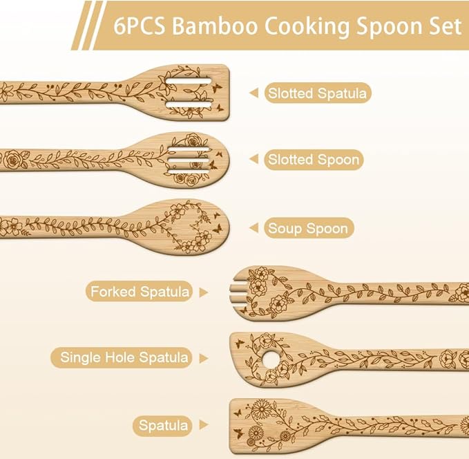 GLOBLELAND 6Pcs Leaves and Flowers Bamboo Cooking Utensils Lilies Roses Daisies Engraved Wooden Cooking Spoons Spatula Set for Women and Men Wood Cooking Spoon for Kitchen House Warming Gift