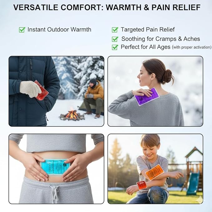 Reusable Snap Heat Pack, Hand Warmers Click, Boil Click Heat Pocket Hand Warmer, Pouch Gel Hand Warmers Long Lasting Warmth (4 Pack