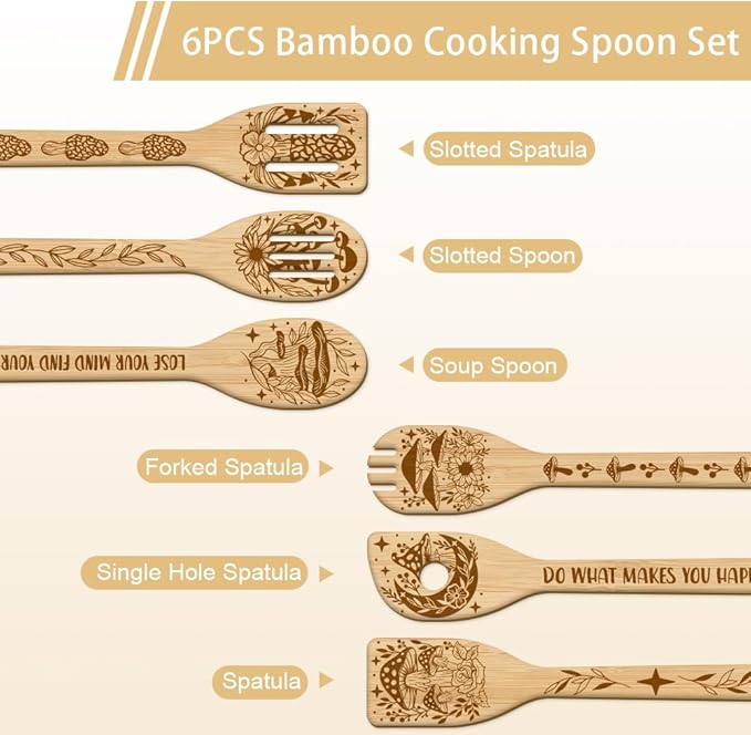 GLOBLELAND 6Pcs Mushroom Bamboo Cooking Utensils Wooden Engraved Cooking Spoons Set Carving Kitchen Bamboo Spatula Set for Women and Men Wood Cooking Spoon for Kitchen House Warming Gift