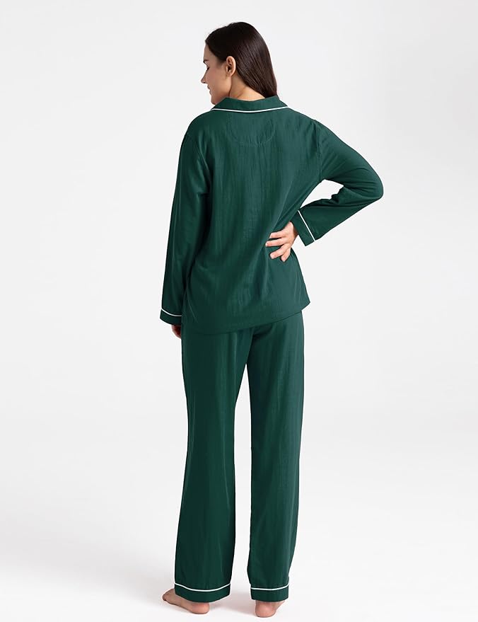Womens Pajama Sets 100% Double Gauze Cotton Linen Like Muslin Pajamas Long Sleeve Button Down Sleepwear Soft Pjs Lounge Set