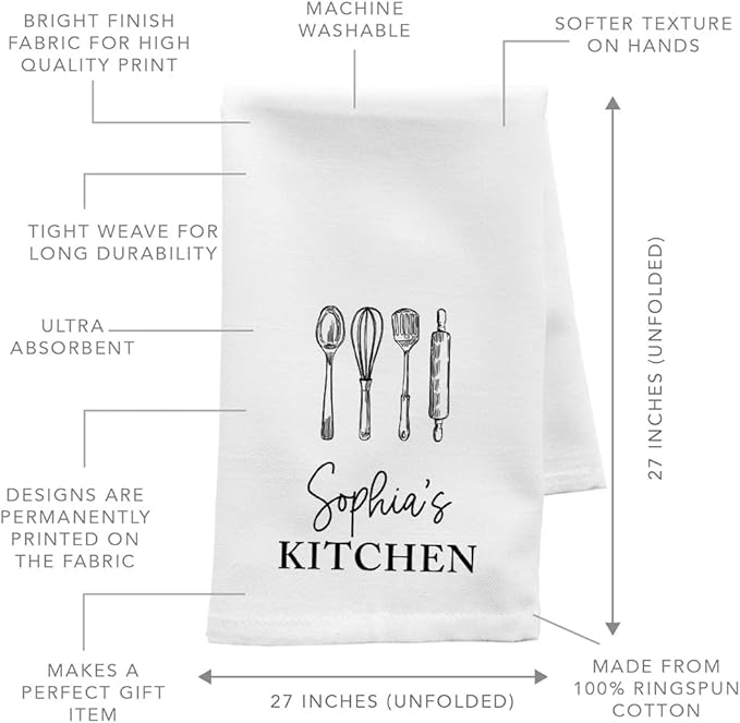 Andaz Press Personalized Kitchen Towel, Flour Sack Tea Towel, Custom Kitchen Gifts Housewarming Birthday for Mom Grandma, Kitchen Decor Utensil Design Hand Towel Custom Dish Towels