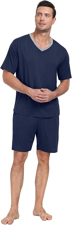 PrinStory Men's Pajama Set Sleepwear Pjs Lightweight Quick Dry Short Sleeve V-Neck Shirts and Shorts Soft Comfy Sleep Sets