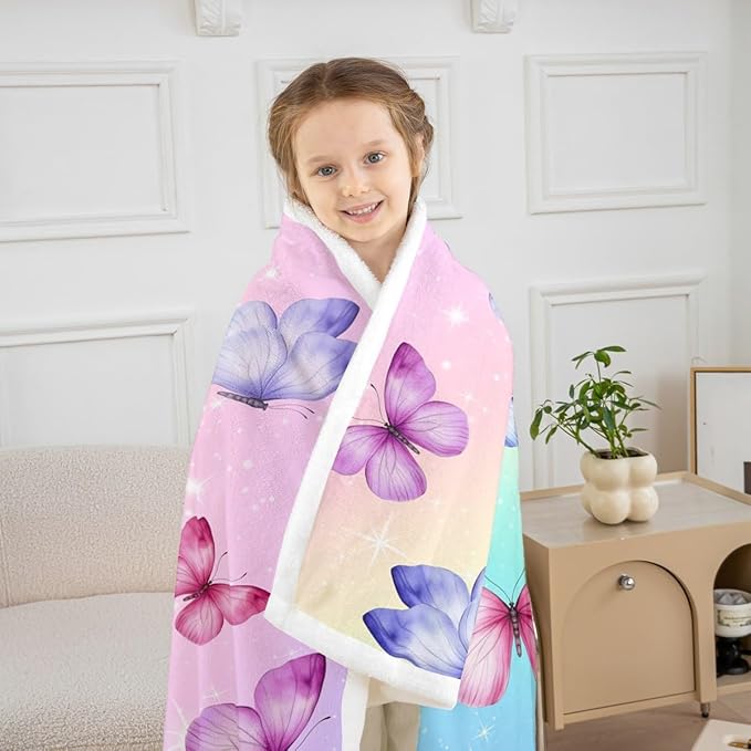 Feelyou Girls Butterfly Fleece Throw Blanket Throw 50"x60" Kids Rainbow Sherpa Blanket Plush Fuzzy for Bed Couch Chair Living Room, Beautiful Butterflies Bed Blanket Room Decor