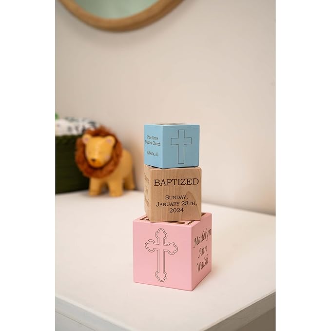 Palmetto Wood Shop Baptism/Dedication/Christening Baby Block - Laser Engraved Baptism Gifts for Babies, Parents, and Family Members, Handcrafted in the USA, Solid Wood Construction - 3 Sizes, 3 Colors
