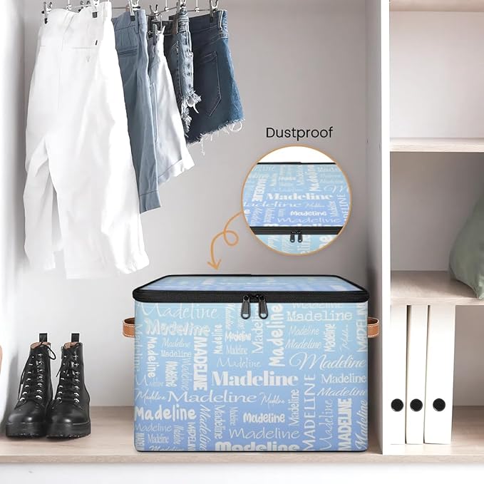 Custom Storage Basket with Name, Personalized Keepsake Box with Zipper Lid, Foldable Fabric Memory Bin Large capacity with Handle White Blue