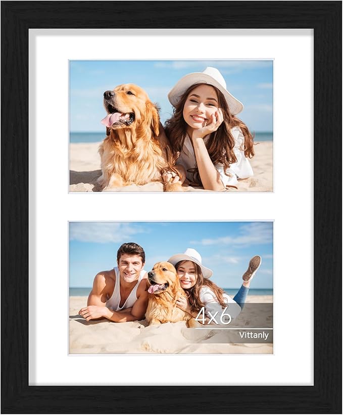 Vittanly 8x10 Collage Picture Frame, Displays 2Pcs 4x6 Pictures with Mat or 1Pcs 8x10 without Mat, Photo Frame for Wall Mounting or Table Top with Stand, Black, 1 Pack