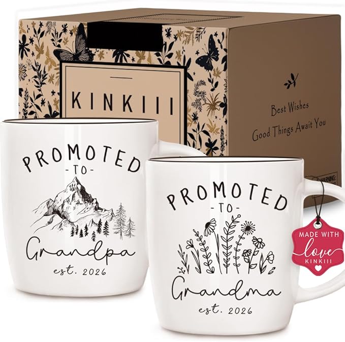 Promoted to Grandparents 2026 Coffee Mugs Set，Est 2026 Mug Set Pregnancy Announcement for Grandma Grandpa, New Grandparent Reveal Ceramic Cups, Expecting Baby Reveal Gift for Parents to Be，13oz