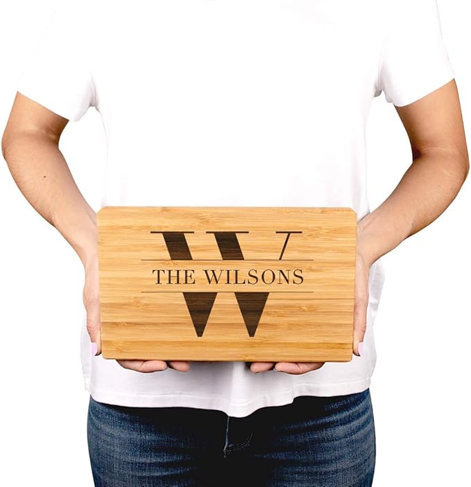 Andaz Press Personalized Laser Engraved Small Bamboo Wood Cutting Board, 9.5 x 6-inch, Monogram with Last Name, Custom