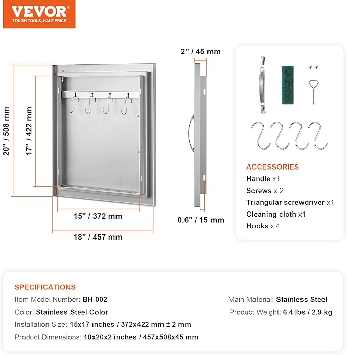 VEVOR BBQ Access Door - 18W x 20H Inch Stainless Steel Vertical Door for Grilling Station