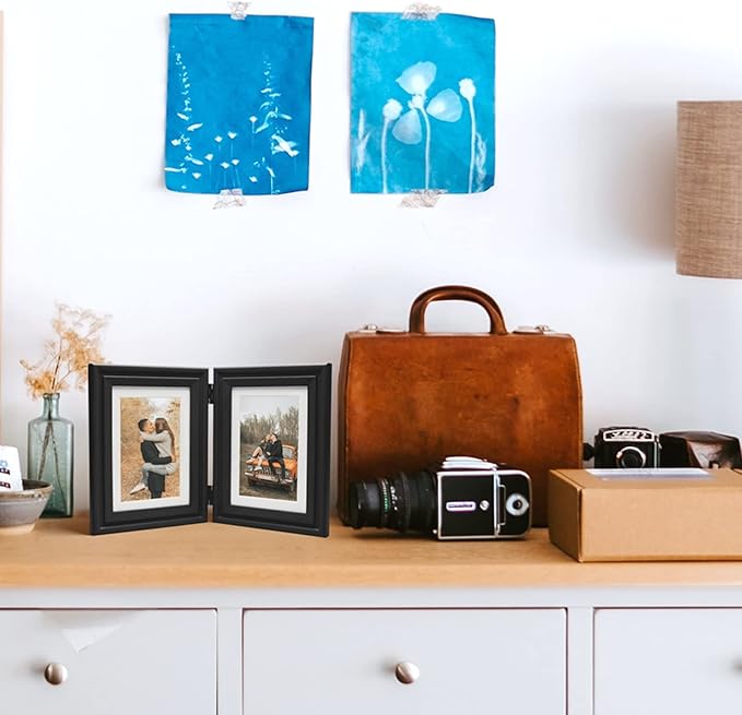 Horizontal 5X7 Picture Frames Double Hinged Wood Folding Photo Frames with Real Glass Front Fit for Desktop or Tabletop Display Pictures 4x6 with Mat or 5x7 Without Mat, Teal Blue XLAN-H75X2