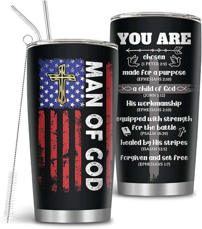 Christian Gifts, 20oz Stainless Steel Man of God Tumblers with Straw, Pastor Gift for Thanksgiving Christmas, Catholic Religious Inspirational Pastor Bible Gift, Christian Tumbler, 1 PCS