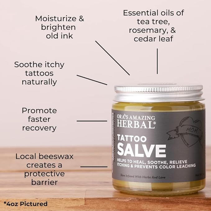 Ora's Amazing Herbal, Tattoo Salve, Tattoo Aftercare Balm| Color Enhancement for Old Ink | Itchy Relief Cream Ointment for New Tattoo| Paraben Free, Plastic Free| | Faster Healing | 1 and 4 oz set