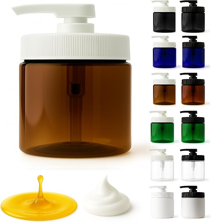 Royal Massage 16oz Refillable Pump Jar with Locking Dip Tube Dispenser – BPA-Free Plastic Container for Massage Oils, Lotions, Creams – Ribbed Lid Wide-Mouth Jar – Durable & Reusable (2, Amber/White)