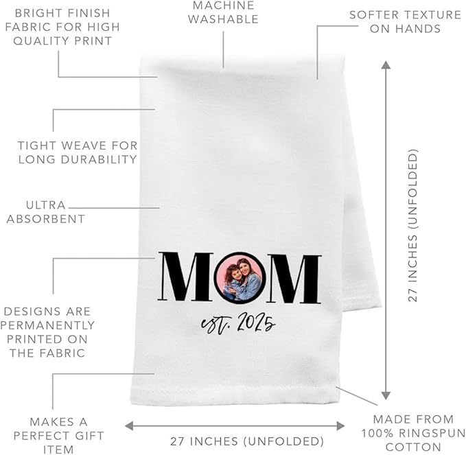 Andaz Press Personalized Flour Sack Tea Towel, Mom Custom Photo Design EST. Year Birthday for Daughter, Wife, Mom to Be, Kitchen Decor, Kitchen Gift