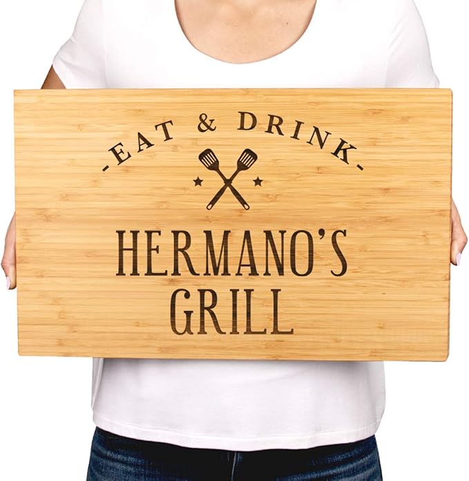 Andaz Press Large Bamboo Wood BBQ Cutting Board Gift, 17.75 x 11-inch, Hermano's Grill, 1-Pack, Laser Engraved Serving Chopping Board Christmas Birthday Chef Kitchen Ideas