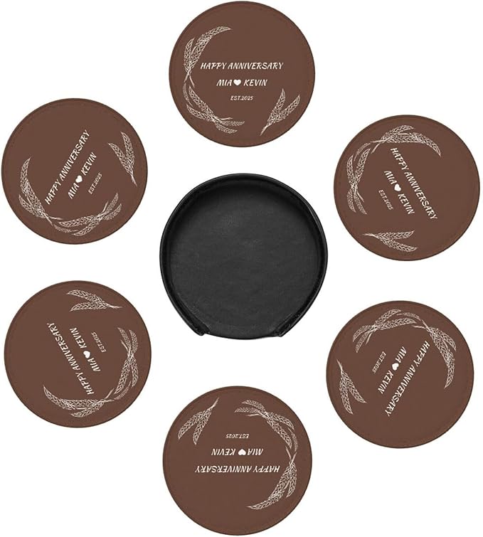 Customized Coasters Set of 6, Custom Brown PU Coasters with Name and Year 2025, Customize Coaster Set for Couples, Housewarming Gift for Couples New Home, Leather Coaster for Anniversary