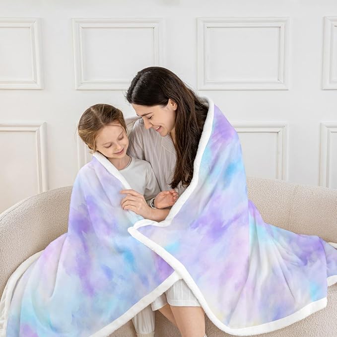Feelyou Purple Blue Fleece Throw Blanket Throw 50"x60" Kids Tie Dye Watercolor Sherpa Blanket Plush Fuzzy for Bed Couch Chair Living Room, Dreamy Girly Bed Blanket Room Decor