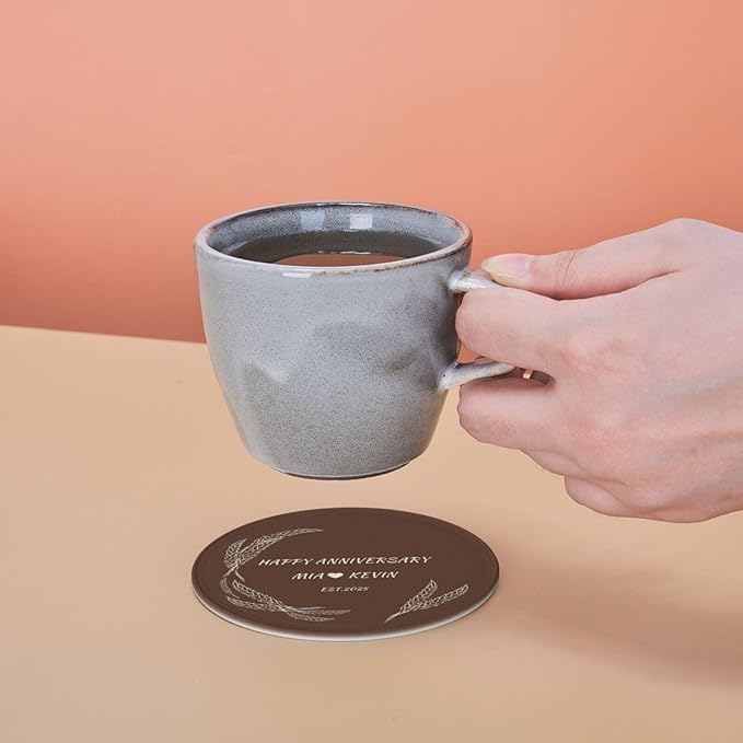 Customized Coasters Set of 6, Custom Brown PU Coasters with Name and Year 2025, Customize Coaster Set for Couples, Housewarming Gift for Couples New Home, Leather Coaster for Anniversary