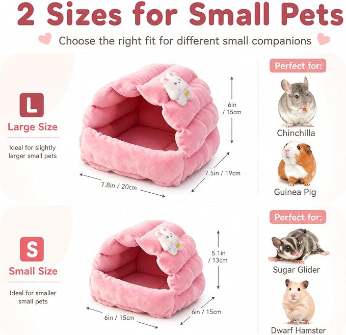 Meow&Woof Small Animal Beds, 2 Pack Hamster Hideout, Washable Guinea Pig House, Cozy Hedgehog Cage Accessories, Hideaway for Sugar Glider, Chinchilla, Rat-Pink