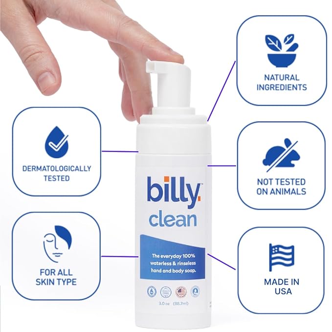 Billy Clean Big 100% Natural No Rinse Waterless Soap, Hand and Body, Travel Size Foaming Hand Sanitizer Alcohol Free, Elderly and Kids