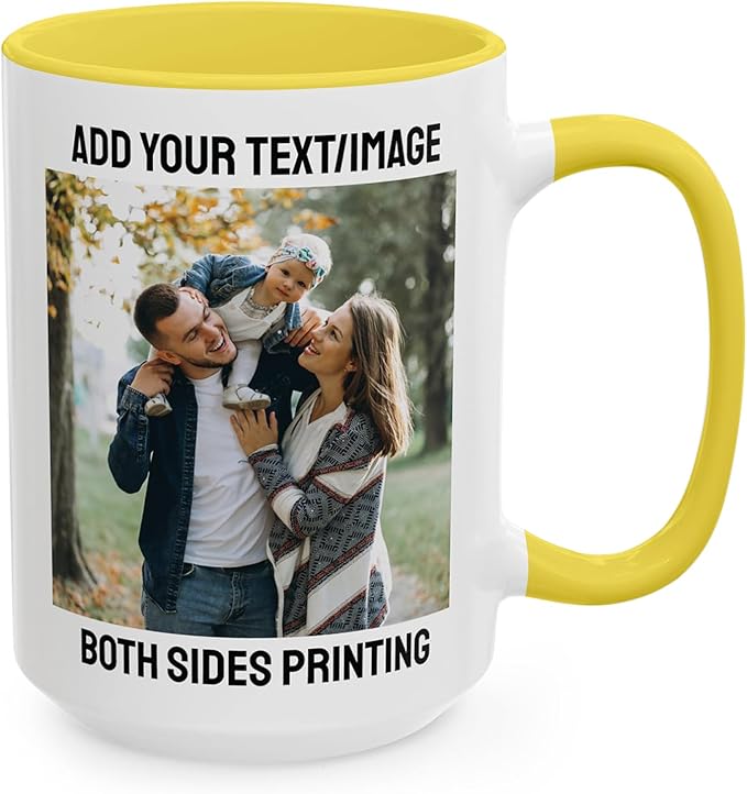Custom 15oz Yellow Coffee Mug Design Personalized Ceramic Coffee Cup with Photo Text Logo Taza Personalizadas Customized Gifts for Birthday Anniversary Wedding Love Family Work Novelty Cup Two Sides