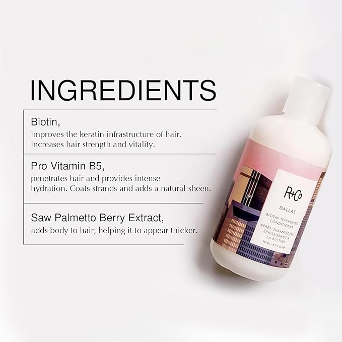 R+Co Dallas Biotin Thickening Shampoo & Conditioner Set + Deluxe Sample (0.5oz) | Adds Volume, Strength & Fullness | Sulfate-Free, Vegan + Cruelty-Free | 8.5oz (Pack of 2)