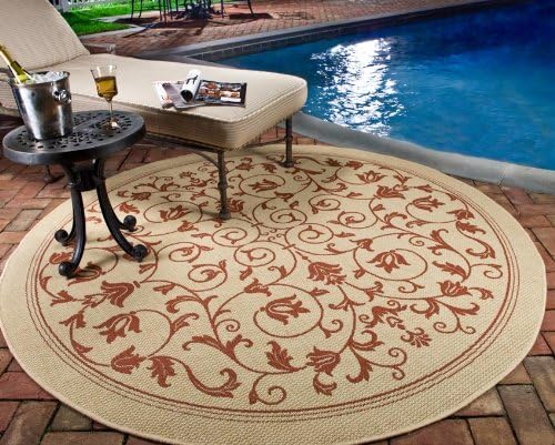 SAFAVIEH Courtyard Collection 7'10" Round Natural / Terra CY2098 Scroll Indoor/ Outdoor Splashproof Easy Scrubbing Patio Backyard Mudroom Area Rug