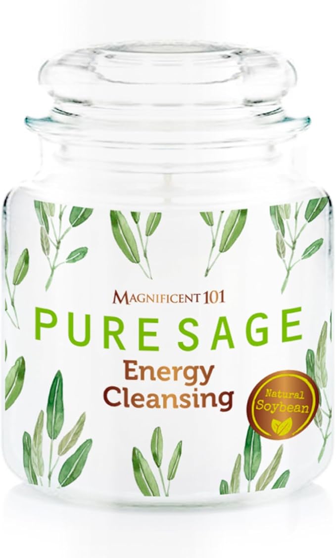 Magnificent 101 Pure Sage Energy Cleansing Aromatherapy Glass Candle for Meditation, Manifestation, and Intention-Setting - 14.5 oz with Lid, Natural Soy Wax and Essential Oil | 56-Hour Burn Time