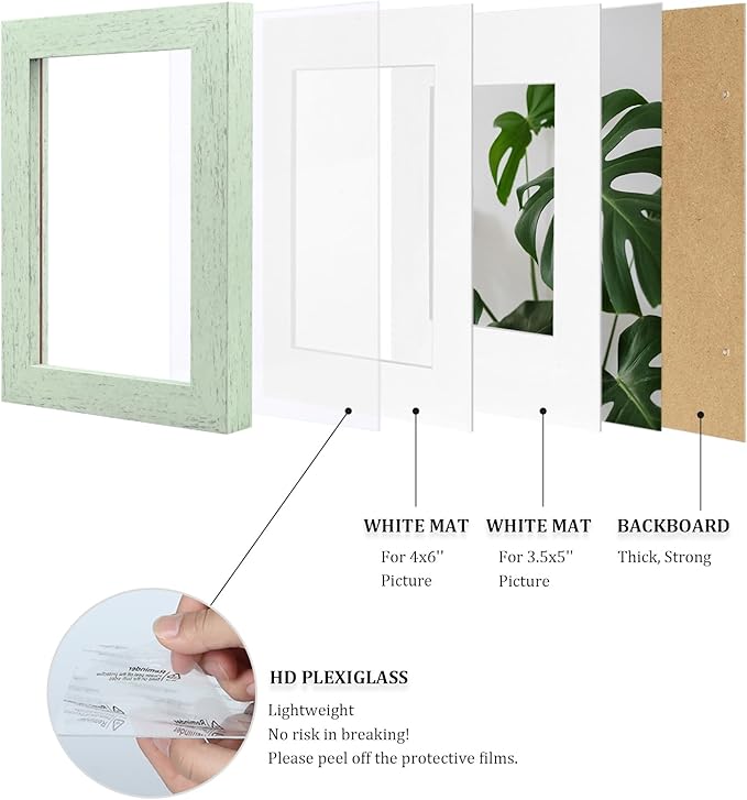 Egofine 4x6 Picture Frames Set of 4, Made of Solid Wood Covered by Plexiglass 3.5x5 with Mat or 4x6 without Mat, for Table Top Display and Wall Mounting Photo Frame Rustic Green