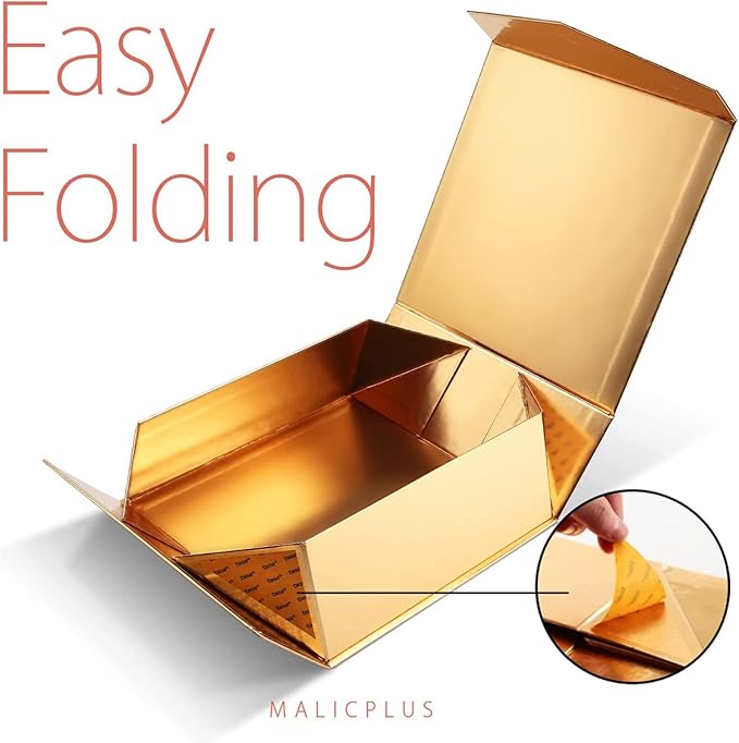 Gift Box with Lid 9x9x3.4 Inches, Gold Groomsman Proposal Box with Magnetic Closure for All Occasion(Glossy Gold)