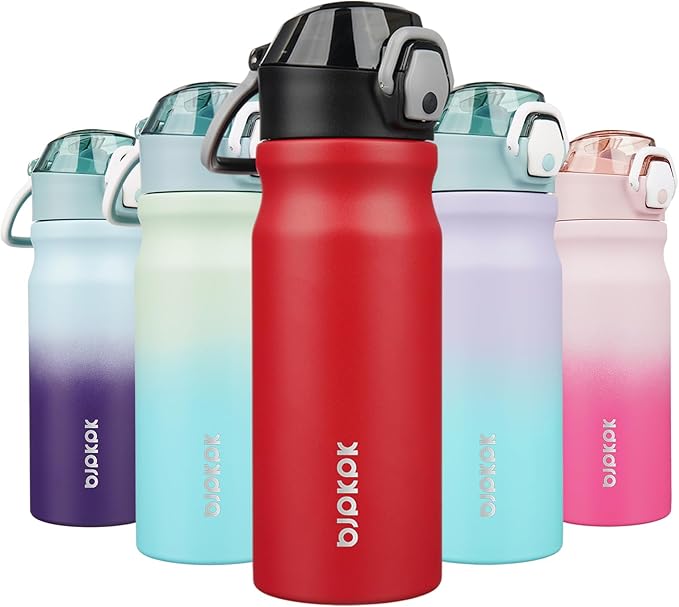 BJPKPK 18oz Insulated Water Bottle with Straw Stainless Steel Double Wall Water Bottles BPA Free Leak Proof Thermal Flask with Lockable Flip Lid and Soft Silicone Spout,Red