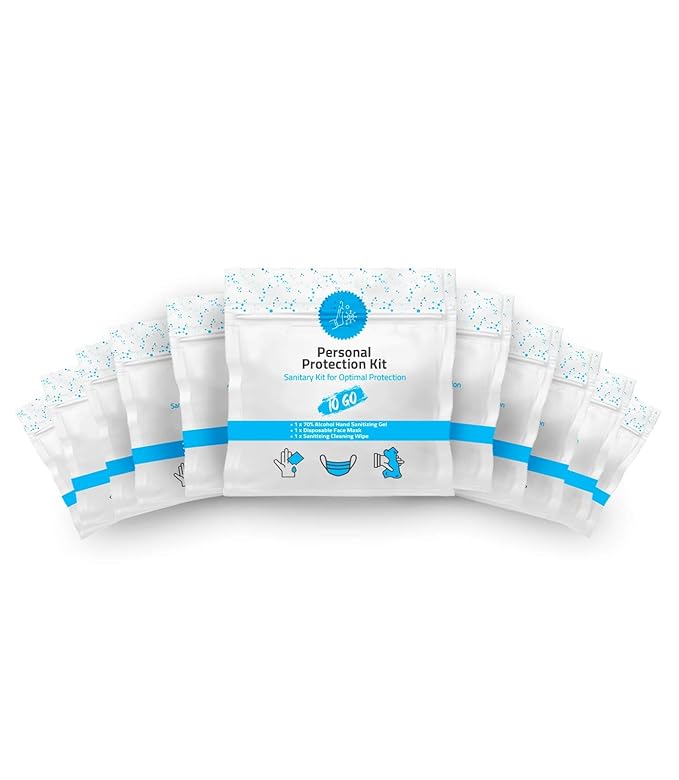 Mini Personal Protection Kit To-Go - 10 PACK! Mask, Hand Sanitizing Gel, Sanitizing Cleansing Wipe Packets. PPE On the Go! Single use Disposable Pocket-sized! Ideal for travel!