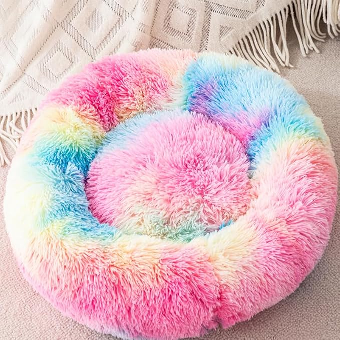 Donut Cat Bed for Indoor Cats,20" Rainbow Calming & Orthopedic Pet Bed - Plush Round Dog Bed with Non-Slip Bottom, Machine Washable for Cats, Small Dogs & Pets Up to 18lbs