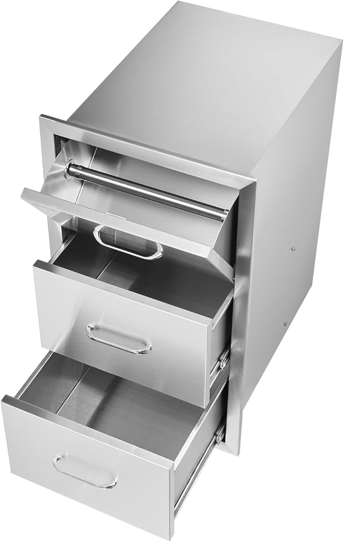 VEVOR Outdoor Kitchen Drawers 17W x 30H x 21D Inch, Outdoor Kitchen Cabinets, Stainless Steel Double Access Drawers, with Paper Towel Holder, Combo for BBQ Island Drawers or Grill Station