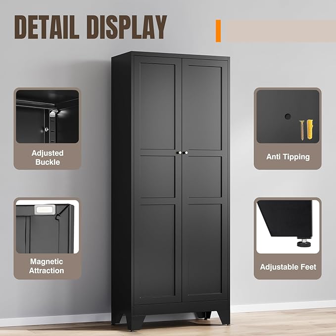 Yizosh Metal Pantry Cabinet, 75" Kitchen Pantry with 2 Door and 4 Adjustable Shelves,Black Metal Pantry Storage Cabinet,Cupboard for Kitchen,Dining Room,Living Room and Bathroom