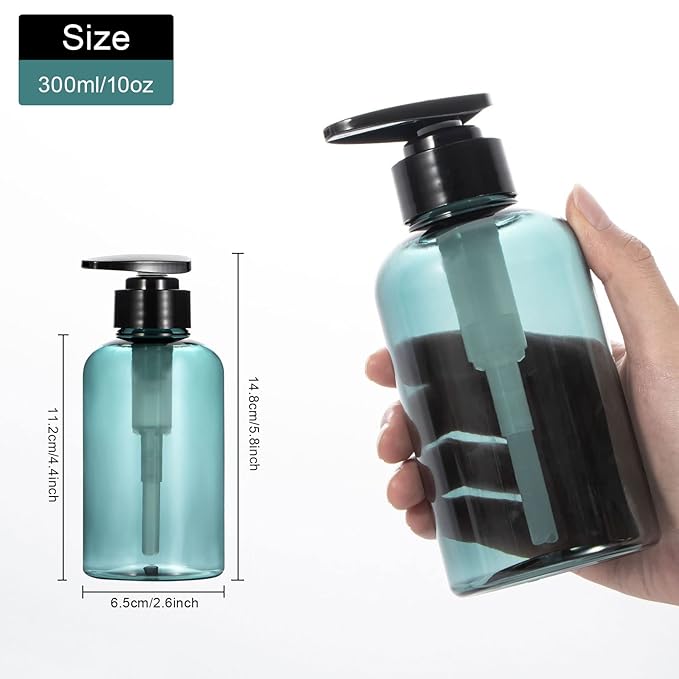 Yebeauty Empty Pump Bottle 10oz, 2 PCS Shampoo Bottles Dispenser with Pump Refillable Containers, 300ml Clear Blue
