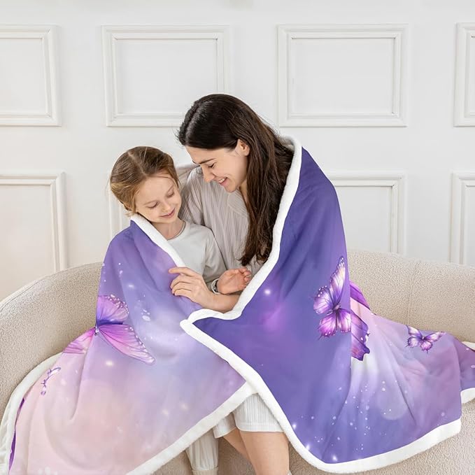 Feelyou Girls Purple Fleece Throw Blanket Baby 30"x40" Kids Watercolor Butterfly Sherpa Blanket Plush Fuzzy for Bed Couch Chair Living Room, Cute Dreamy Bed Blanket Room Decor