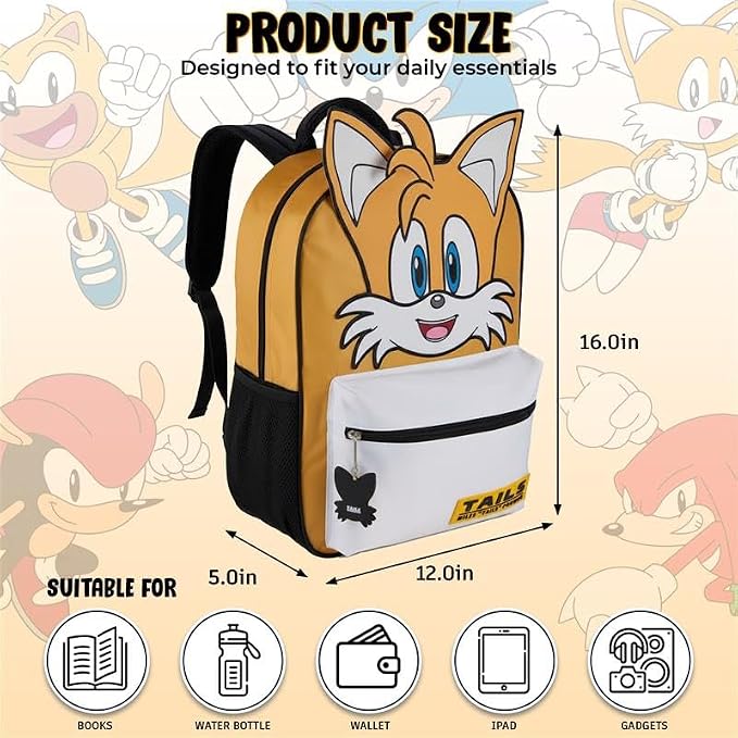 AI ACCESSORY INNOVATIONS Sonic The Hedgehog Backpack for Boys & Girls, Tails Big Face 16 Inch Schoolbag with Tails Rubber Molded Dangle, Yellow