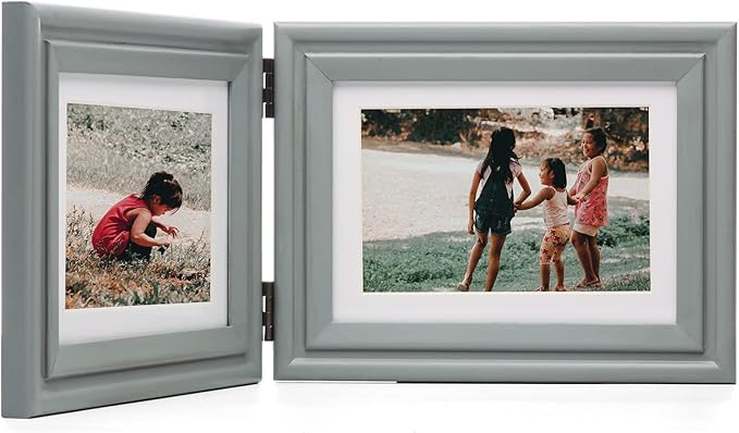 Horizontal 5X7 Picture Frames Double Hinged Wood Folding Photo Frames with Real Glass Front Fit for Desktop or Tabletop Display Pictures 4x6 with Mat or 5x7 Without Mat, Gray XHUI-H75X2