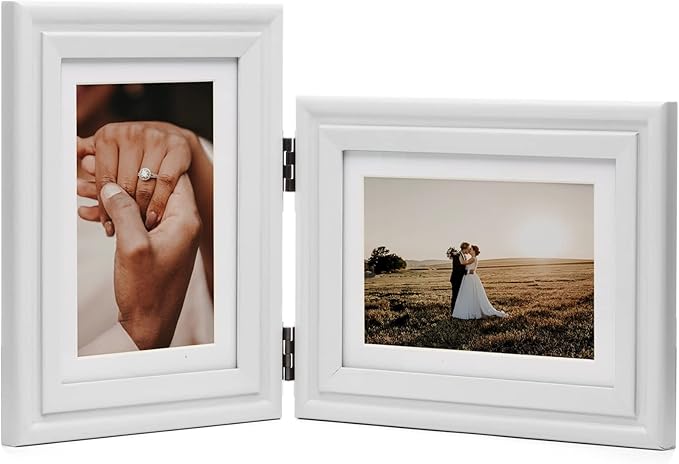 Vertical & Horizontal 5X7 Picture Frames Double Hinged Wood Folding Photo Frames with Real Glass Front Fit for Desktop or Tabletop Display Pictures 4x6 with Mat or 5x7 Without Mat, White