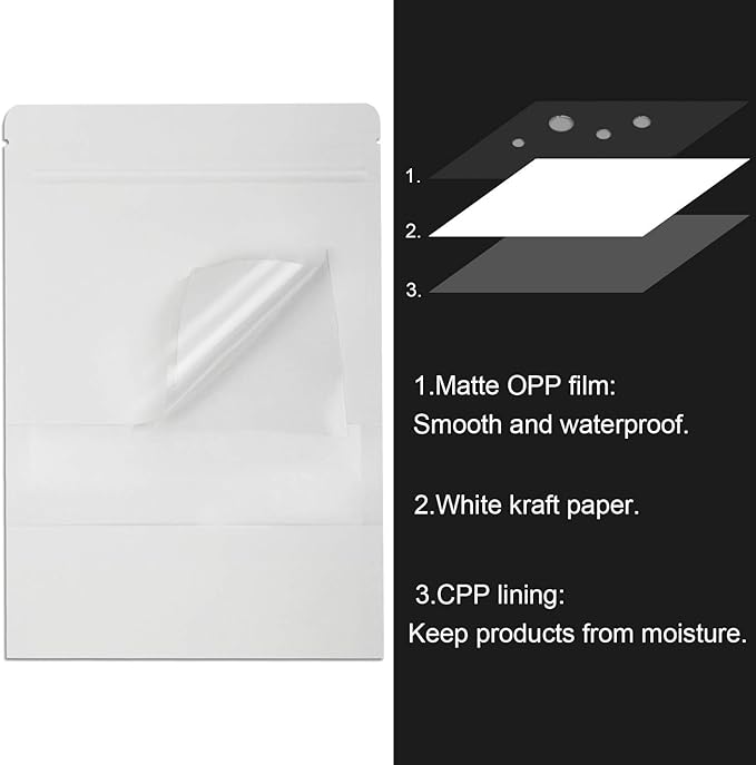 Blisstime 50 Pieces Resealable Bags for Small Business, White Kraft Paper Stand Up Pouches with Matte Window Reusable Heat Sealable Bags for Packaging (7 X 10.2 Inches)