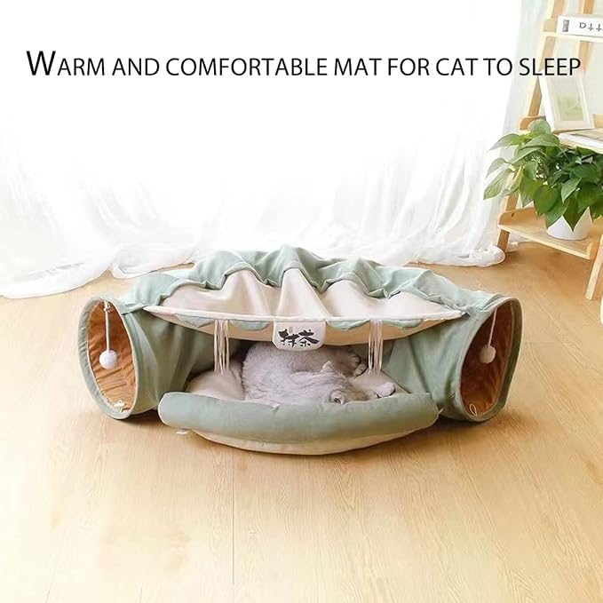 EAEDMY Cat Rabbit Tunnel Bed Nest for Cats Indoor, with Collapsible Washable Soft Cushion, Plush Ball and Exercise Wheel Tube, Fit for Puppy Bunny Kitty Kitten Ferret