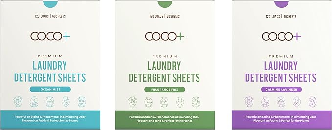 COCO+ Laundry Detergent Sheets - Nano-Concentrated with Enzymes, Hypoallergenic & Plant-Based - Deep Clean, Safe for Sensitive Skin - (120 Loads 60 Sheets) - Fragrance Free