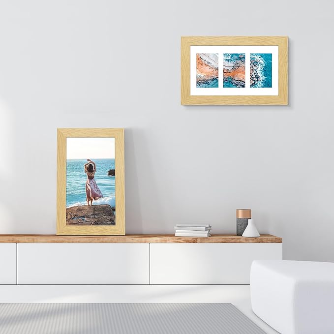 8x14 Picture Frame Display 3 opening 4X6 Picture Frame Collage,Multi Photo Frame with Mat,Plexiglass,Wall Hanging Decor,Natural Wood Grain