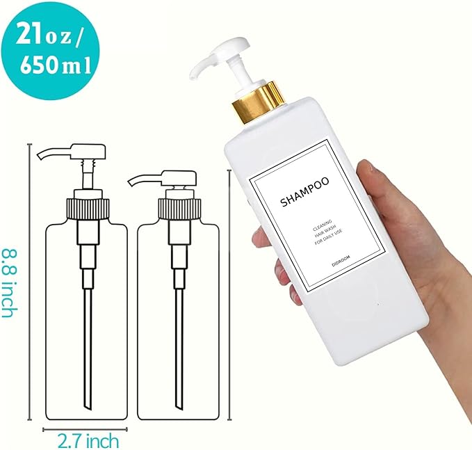 Modern Gold Shampoo and Conditioner Dispenser (21 oz, Pack of 3) Refillable Pump Bottle Set Empty Shower Plastic Bottles with Pump for Bathroom Body Wash Soap and Shower, 3 Types Waterproof Labels