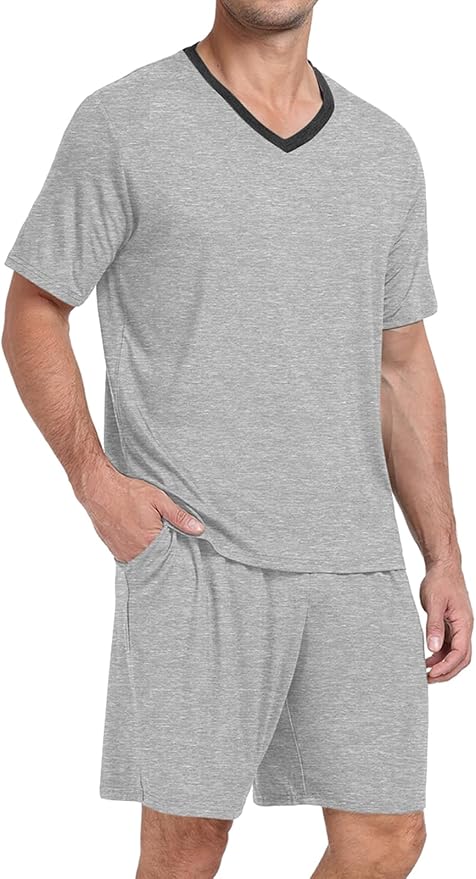 PrinStory Men's Pajama Set Sleepwear Pjs Lightweight Quick Dry Short Sleeve V-Neck Shirts and Shorts Soft Comfy Sleep Sets