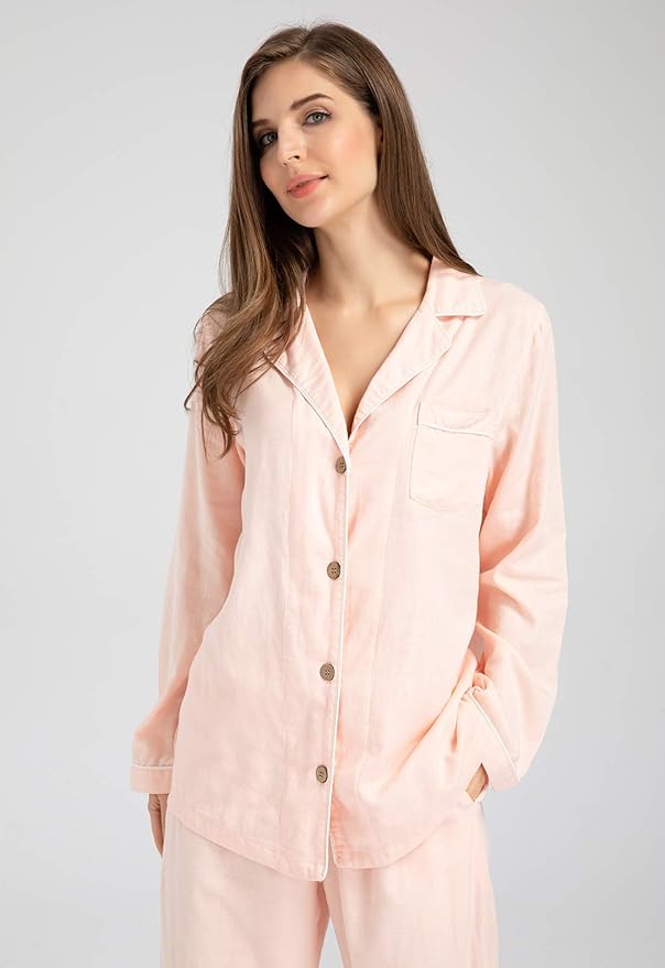 Womens Pajama Sets 100% Double Gauze Cotton Linen Like Muslin Pajamas Long Sleeve Button Down Sleepwear Soft Pjs Lounge Set
