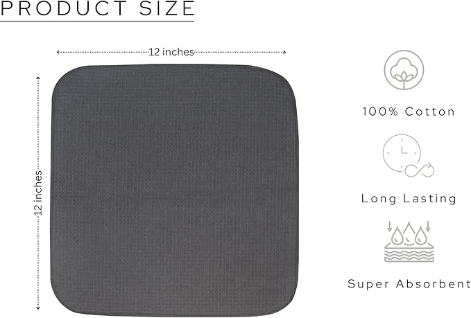 PurpleEssences Dish Cloths and Dish Rags - 6 Pack Waffle Weave Solid Kitchen Dish Wash Cloths, 100% Cotton, 12 x 12 Inches, Ultra Soft Absorbent Quick Drying - Christmas Holiday Winter - Dark Grey